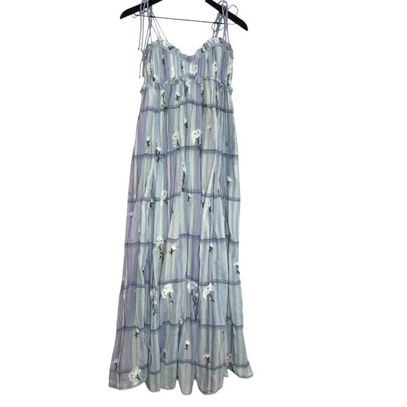 Free People Willow Maxi Dress Striped Embroidered Flowers Blue XS - Picture 6 of 10